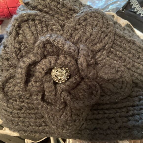 C.C Exclusives Gray Winter Headband with Rosette Flower Rhinestone Button - Picture 7 of 7